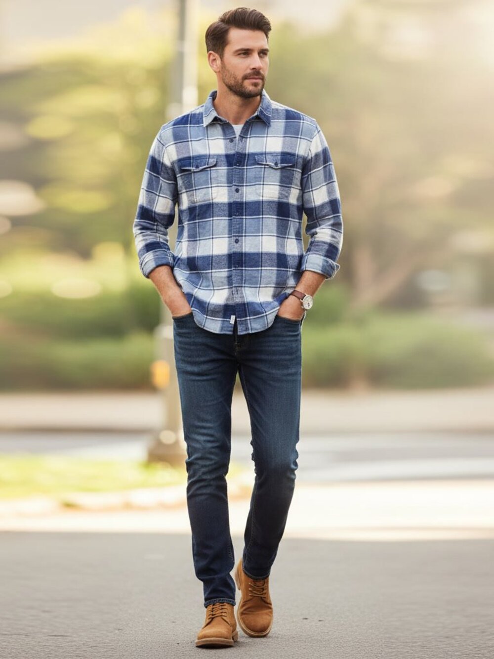 American Eagle Blue White Plaid Flannel Shirt